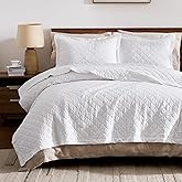 WDCOZY 100% Pre-Washed Cotton Oversized King Size Quilt Set - White California Cal King Soft Lightweight Bedspread, Textured Like Linen, Farmhouse Country Rustic Coverlet, Diamond Stitch Bedding