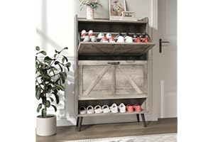 NOVAMAISON Shoe Storage Cabinet with 2 Flip Drawers, Hidden Shoe Cabinet Storage for Entryway Slim, Farmhouse Shoe Organizer with Wood Legs, Narrow Shoe Rack Cabinet, Washed Gray