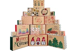 POPGIFTU 18-Pack Kraft Christmas Boxes with Lids – 4 Sizes & 18 Festive Designs, Bulk Xmas Boxes for Presents with Tag Stickers, Reusable Holiday Gift Wrap Set for Christmas Wrapping & Packaging