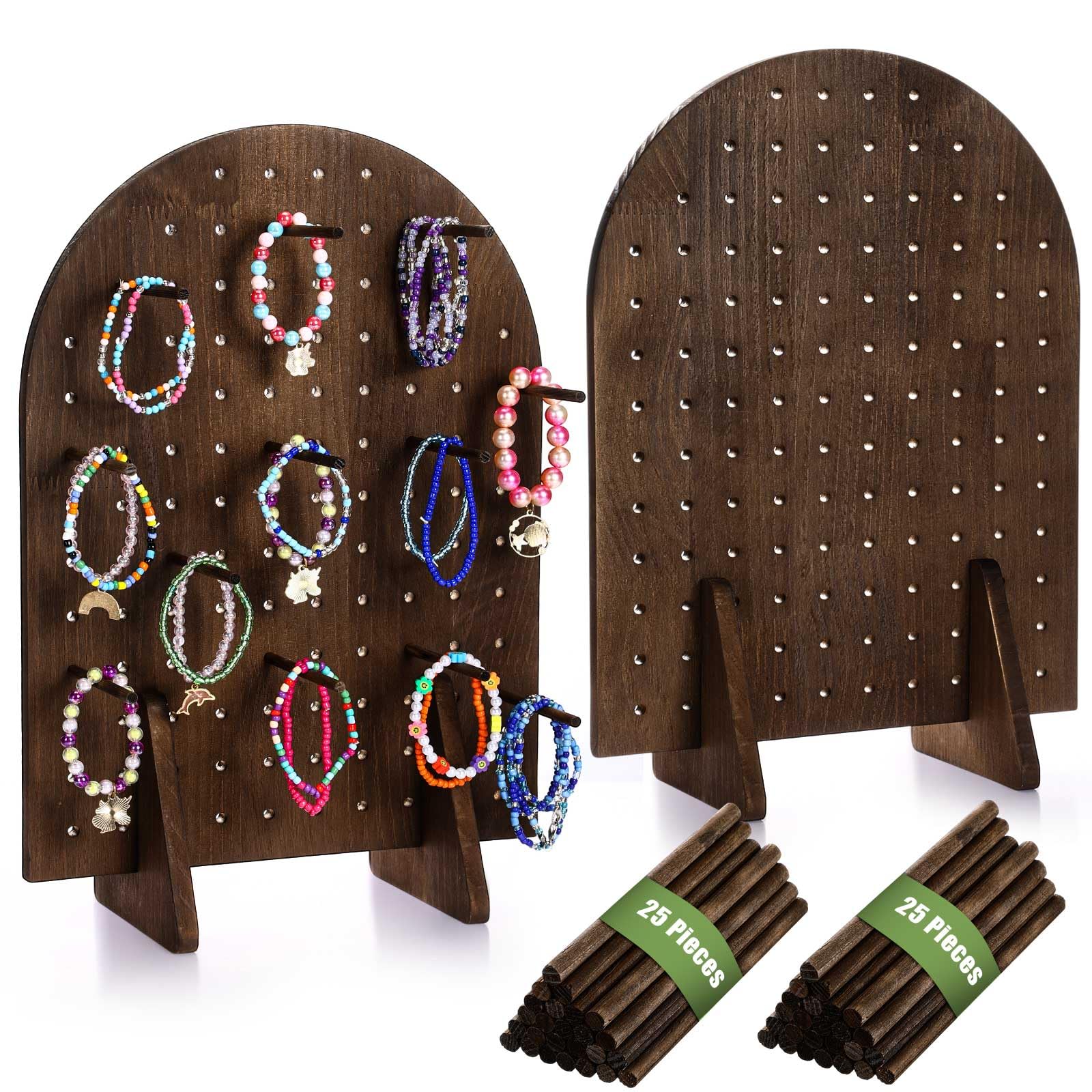 Photo 1 of Colingmill 2 Sets Keychain Display Stand Wooden Pegboard Display Stand with 25 Pcs Dowel Rods Oval Bracelet Organizer Holder for Jewelry, Craft Shows, Necklace, Selling, 15.75" x 11.81" (Dark Brown)