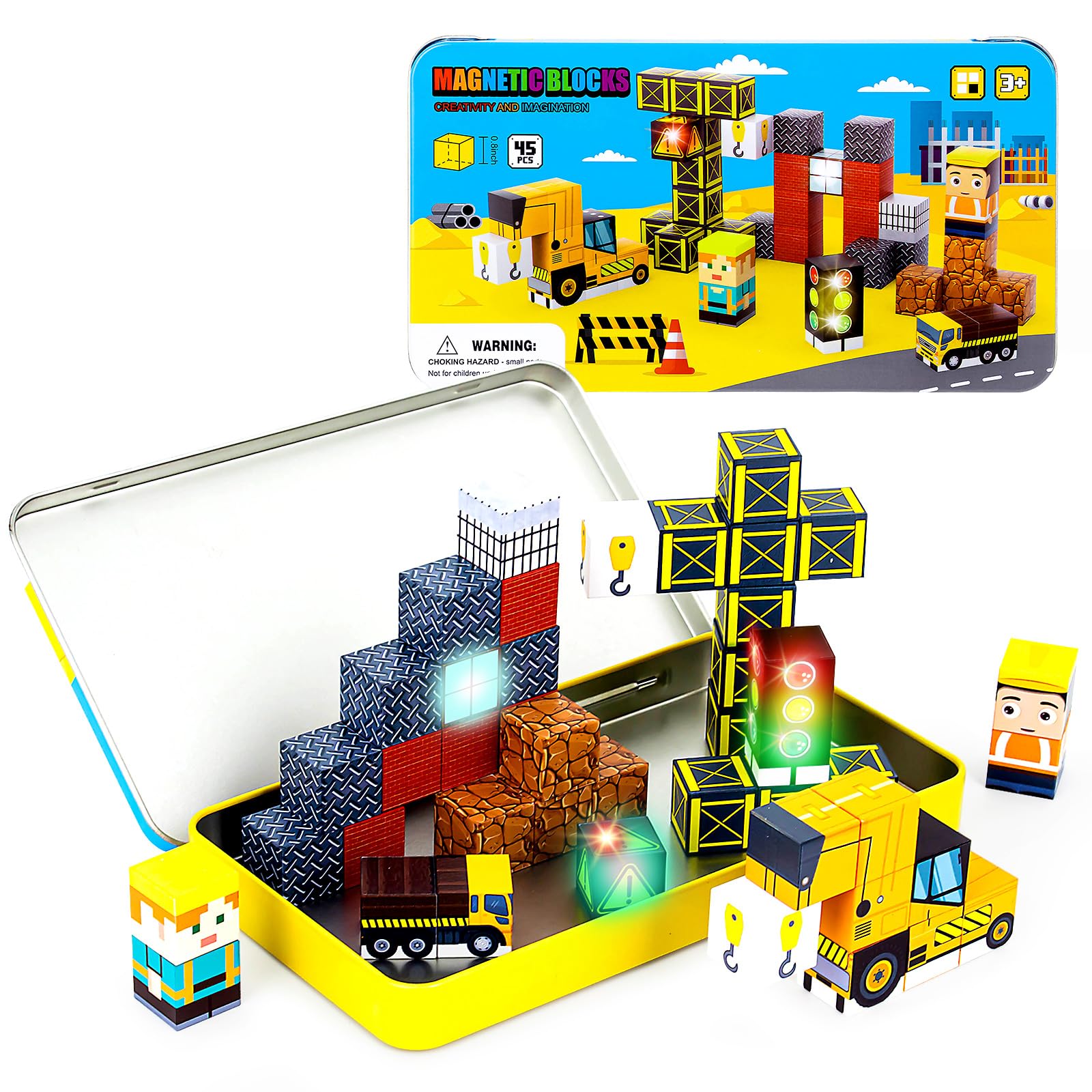 Tyholoo 45PCS Magnetic Blocks Travel Toys for Kids with Portable Iron Box, Mini Magnetic Cubes Toys for Airplane & Car Ride STEM Learning Gift Idea for Ages 3+（ Construction Theme）