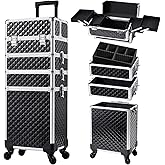 Stagiant Rolling Makeup Case Cosmetology Case on Wheels 4 in 1 Large Cosmetic Organizer Train Case Makeup Travel Case with Key Swivel Wheels Nail Artist Salon Storage Traveling Cart Trunk Black