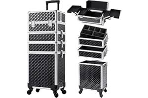 Stagiant Rolling Makeup Case Cosmetology Case on Wheels 4 in 1 Large Cosmetic Organizer Train Case Makeup Travel Case with Key Swivel Wheels Nail Artist Salon Storage Traveling Cart Trunk Black