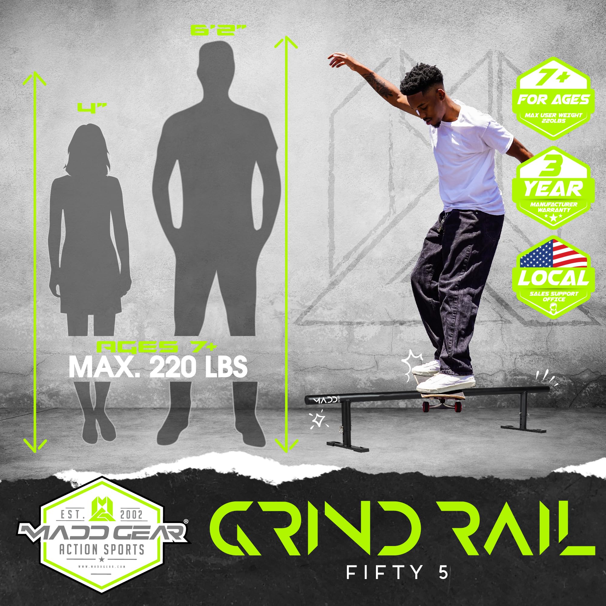 Madd Gear Round Grind Rail for Scooters, Skateboards, Inline Skates – 55