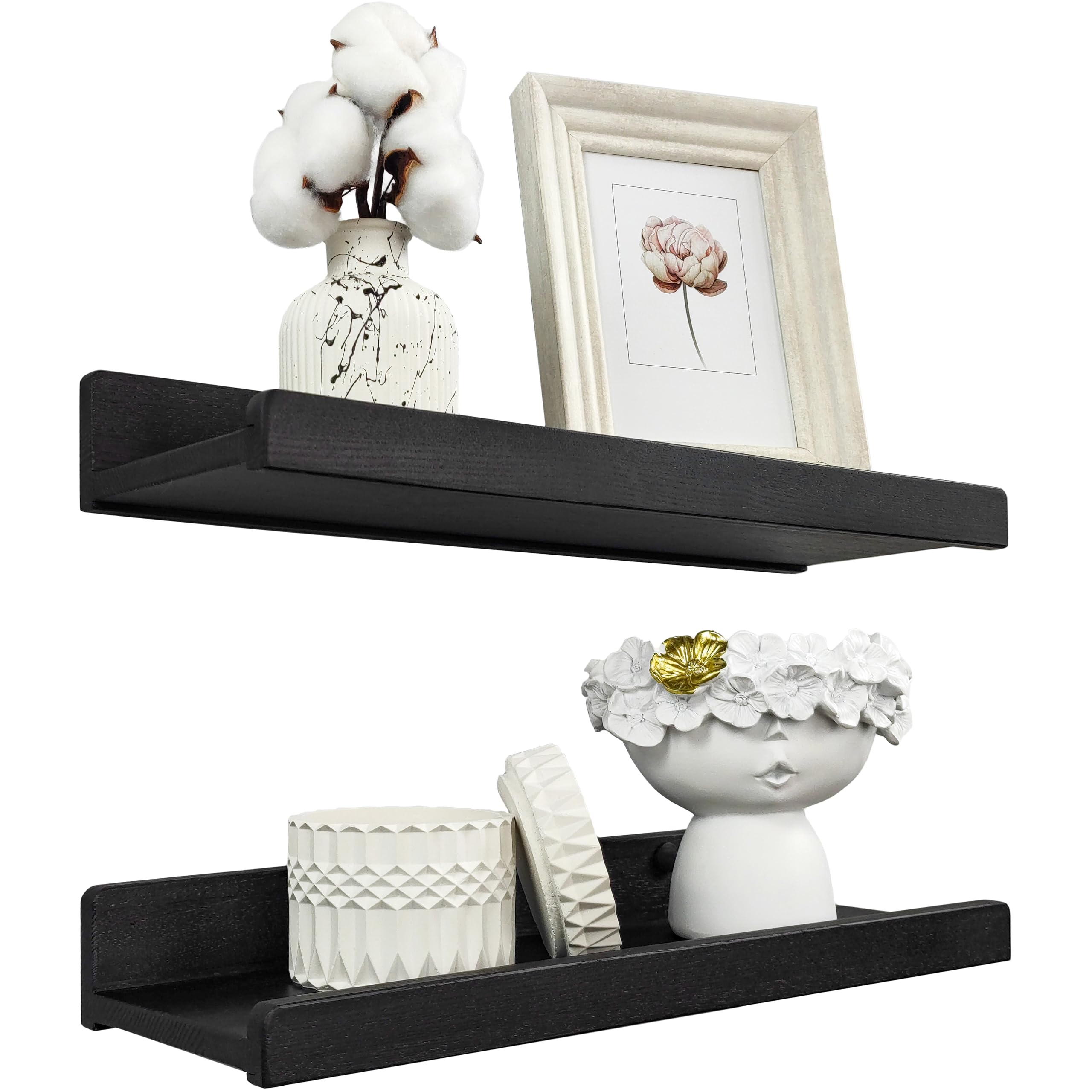 Handcrafted Floating Shelves for Wall 40cm, Waterproof Wall Storage Shelves with Lip, Display Picture Ledge Shelf for Living Room Photo Frame, Natural Wood Hanging Book Shelves (Black, Set 2)