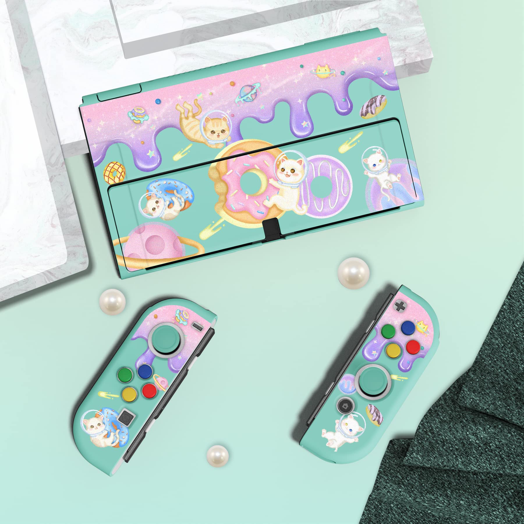 PlayVital ZealProtect Soft Protective Case for Nintendo Switch OLED, Flexible Protector Joycon Grip Cover for Nintendo Switch OLED with Thumb Grip Caps & ABXY Direction Button Caps - Donut Odyssey