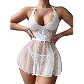 Foxiny Sexy Halter Backlee Sheer Mesh Lace Babydoll Lingerie Dress With Thong 2 Piece Outfits