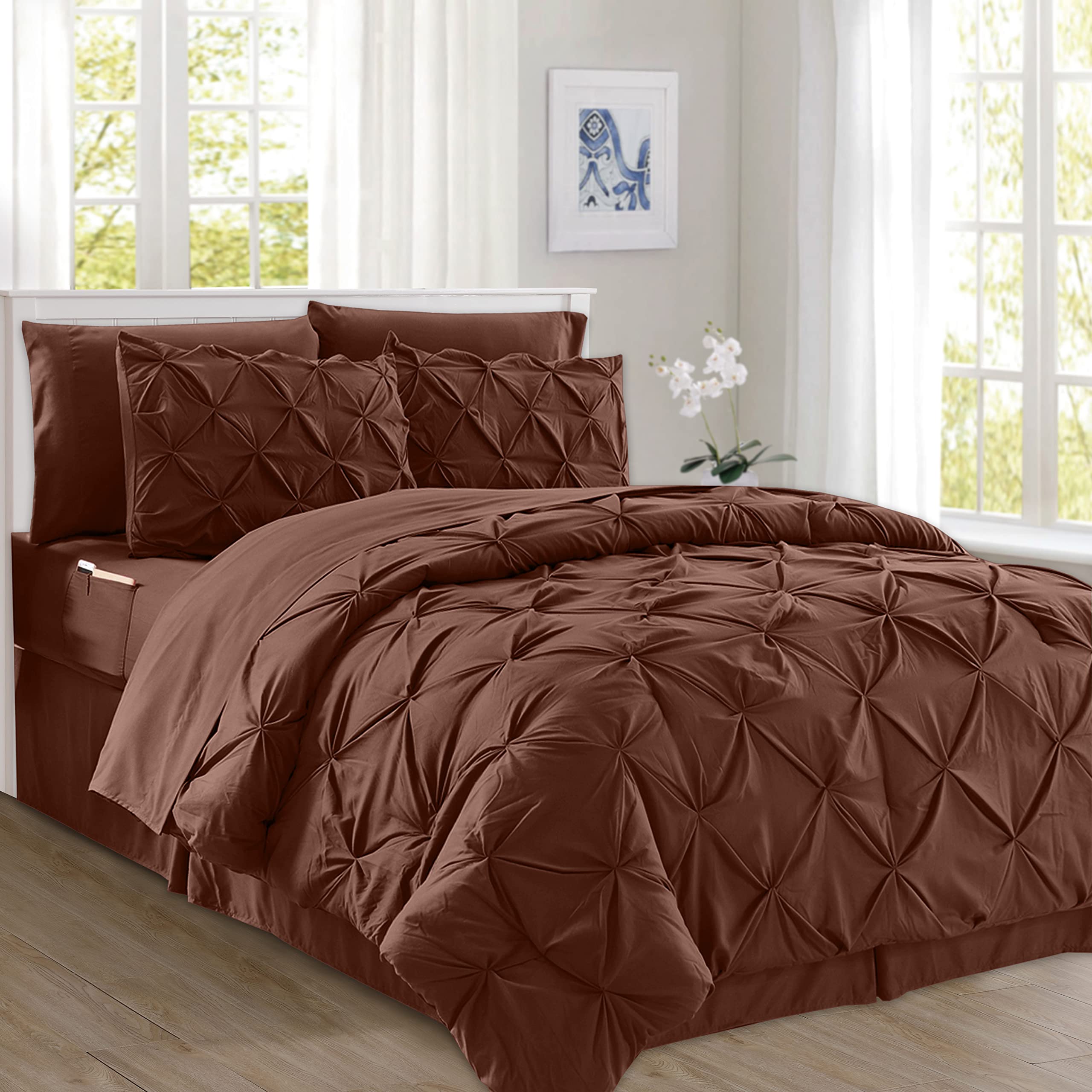 Elegant Comfort 8-Piece Pinch Pleated Comforter Set -All Season Complete Bed in a Bag, Includes 4pc Smart Sheet Set, Bed Skirt, Comforter, Matching Pillowcases and Shams, Twin/Twin XL, Chocolate Brown Image