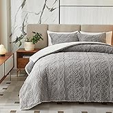 Luxury Flannel Fleece Sherpa Comforter Set Full/Queen Size, Jacquard Boho Stripes Down Alternative Comforter Grey, 3 Pieces Ultra Soft and Warm Bedding Set for Winter (1 Comforter + 2 Pillowcases)