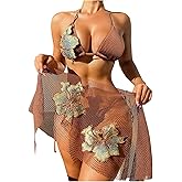 Verdusa Women's 3 Piece Halter Bikini Set Sequin 3D Floral Tie Backless Swimsuit with Beach Cover Up Skirt