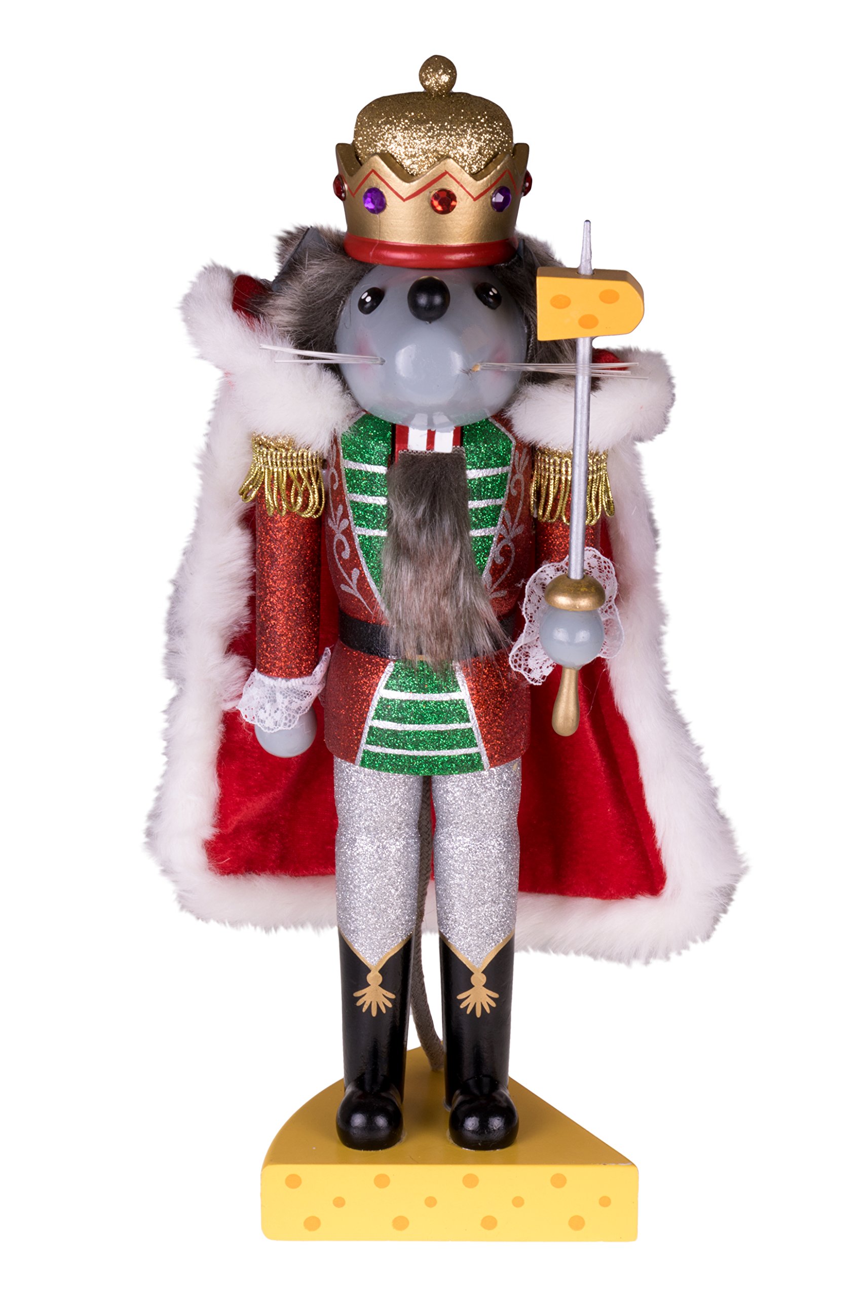 Clever Creations Traditional Wooden Glittery Mouse King Nutcracker Sword and Cheese Stand | Festive Christmas Decor | 14" Tall Perfect for Shelves and Tables