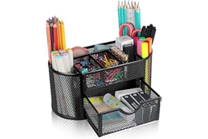 Banshou Desk Organizer Office Accessories,Mesh Desk Office Organizer with Drawer and 8 Compartments 8.66x 4.33x 4.05inch,For Office,Home,School,Classroom,kitchen(Black)