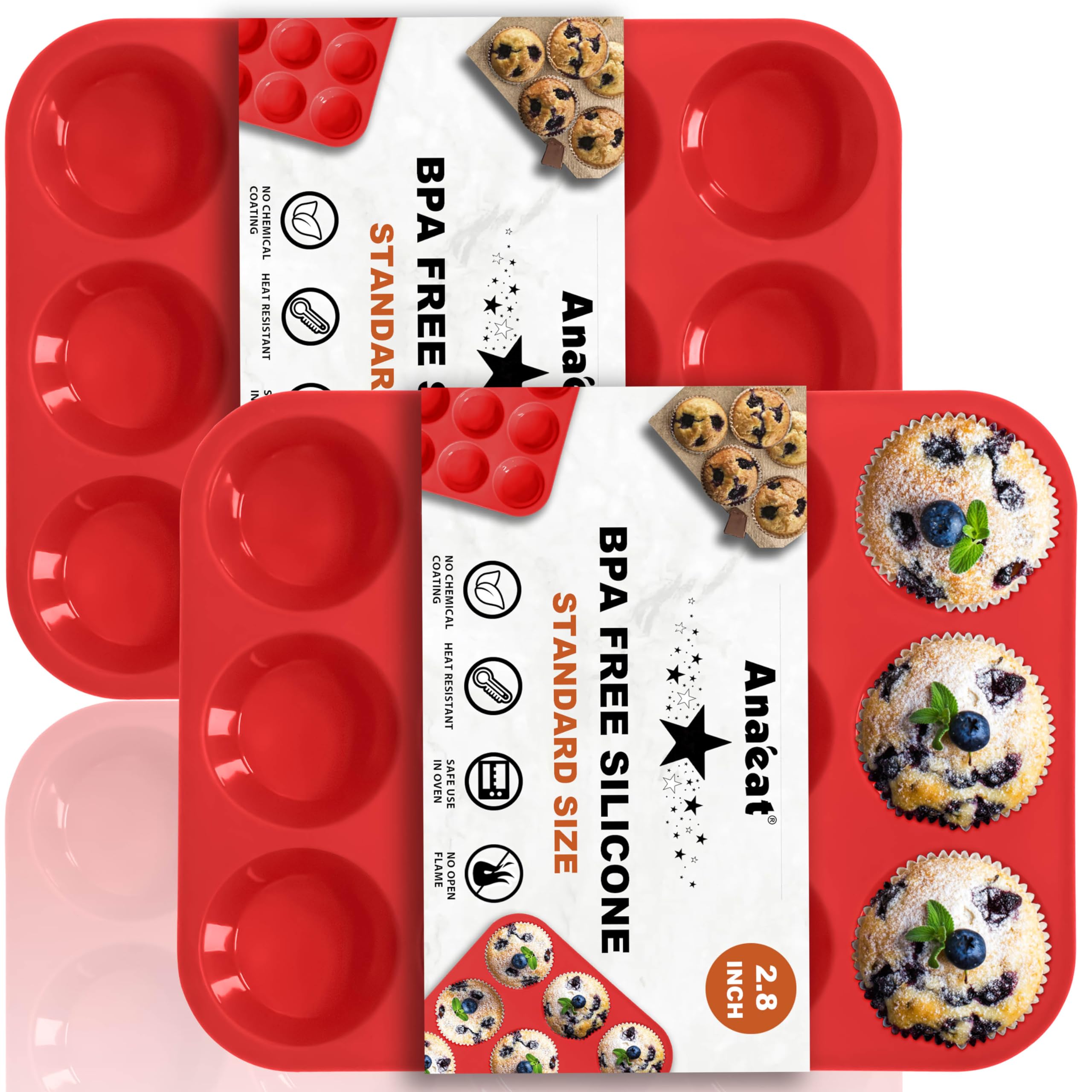 Anaeat Silicone Muffin Pan Set- Regular 12 Cups Cupcake Tray, Non-Stick Silicone Baking Molds for Making Muffin Cakes, Cupcake, Chocolate, Bread, Tart and Desserts, Just Pop Out (2 Pack)