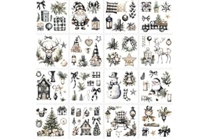 Dispowreath 16 Sheets Christmas Rub On Transfers for Crafts and Furniture Xmas Black and White Plaid Snowman Reindeer Gnome Stickers Rub On Decals Wood Dairy Envelope Crafts, 5.9 x 5.9''