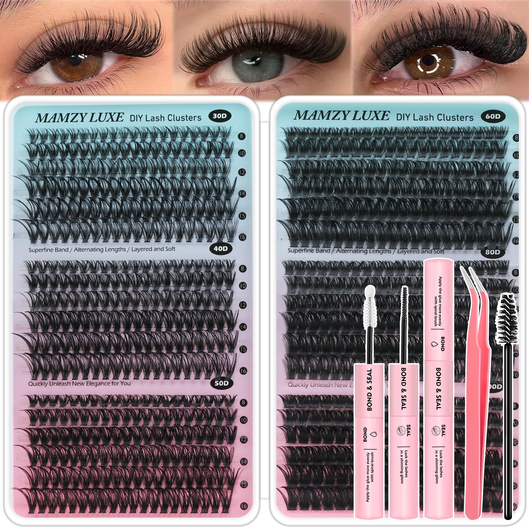 Photo 1 of Lash Clusters Kit 708Pcs Individual Cluster Lash Extensions Kit 30D+40D+50D+60D+80D+100D Wispy Eyelash Clusters with Lash Bond and Seal and Tweezers 10-16mm 6 Styles Mix Lashes Clusters Kit