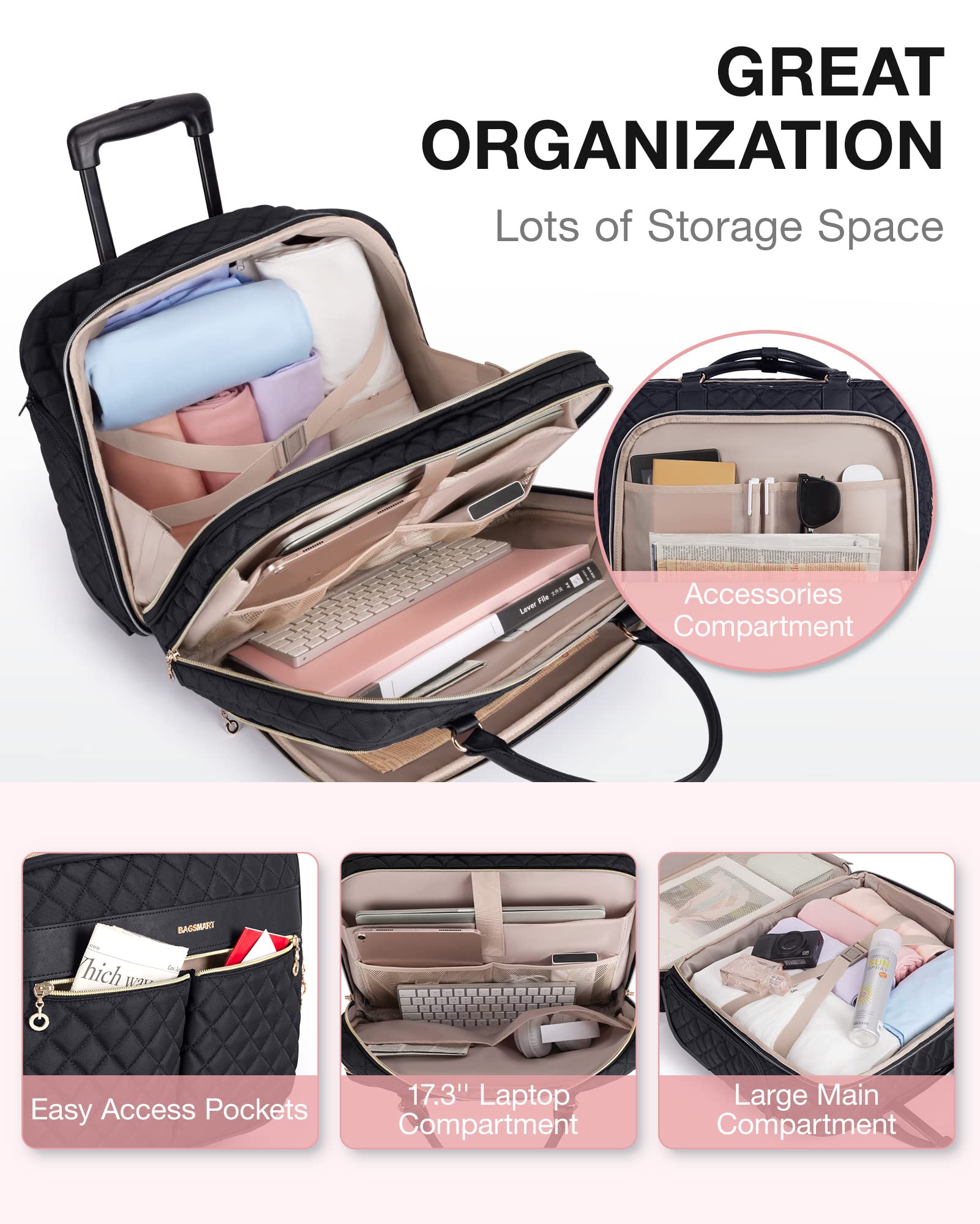 BAGSMART Rolling Laptop Bag Women, Rolling Briefcase for Women, 17.3 Inch Laptop Bag with Wheels Computer Bag Laptop Case for Work Travel Business
