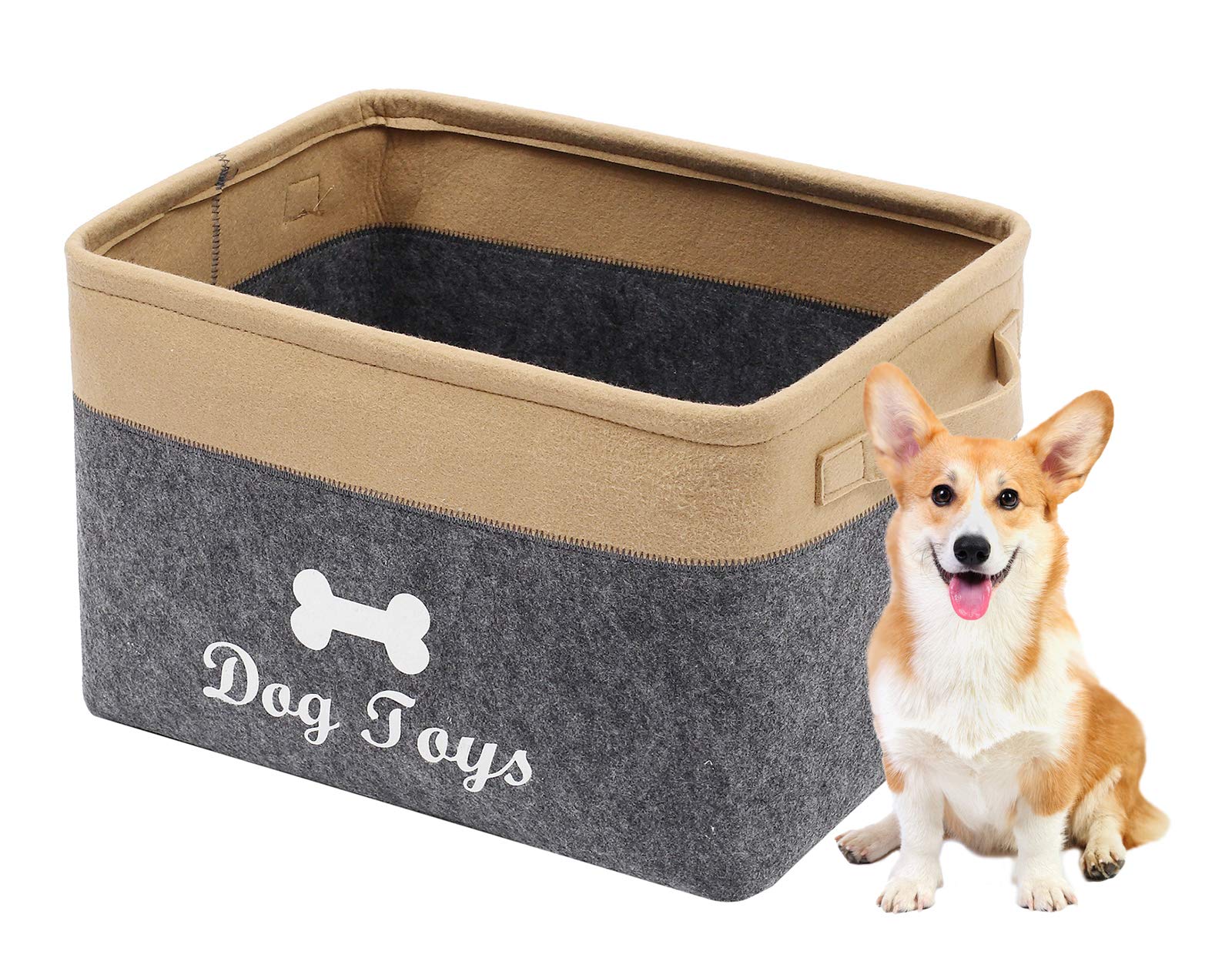 Geyecete Dog Toys Box Storage Bins Basket-Pet Toy and Accessory Storage Bin,Foldable felt Organizer Storage Basket for Pet Toys,Blankets-Gray/Khaki