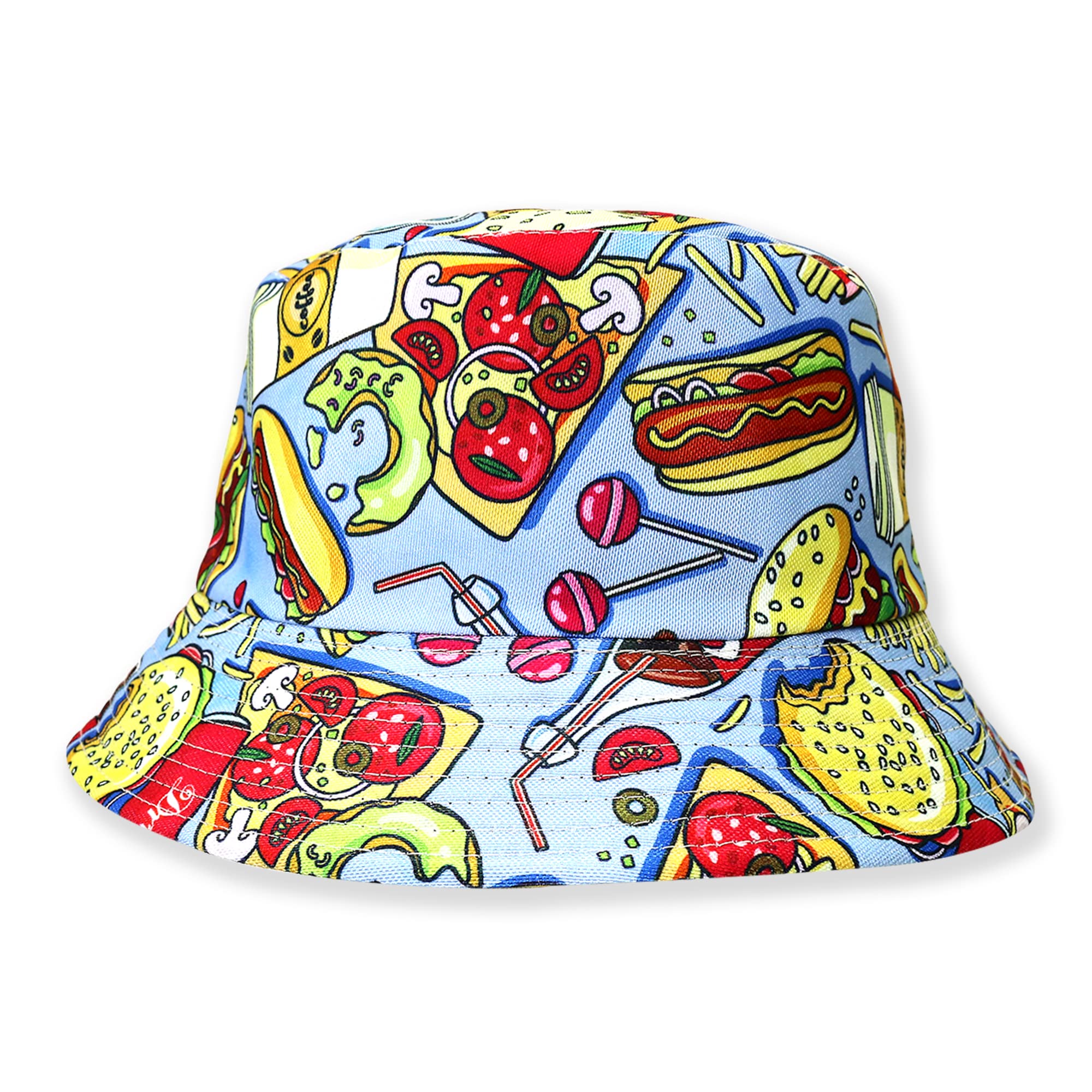 Robelli Unisex Reversible Summer Bucket Hat - Fun Festival Colourful Designs (BH10 BLUE PIZZA HOT DOG BURGER) — image 1