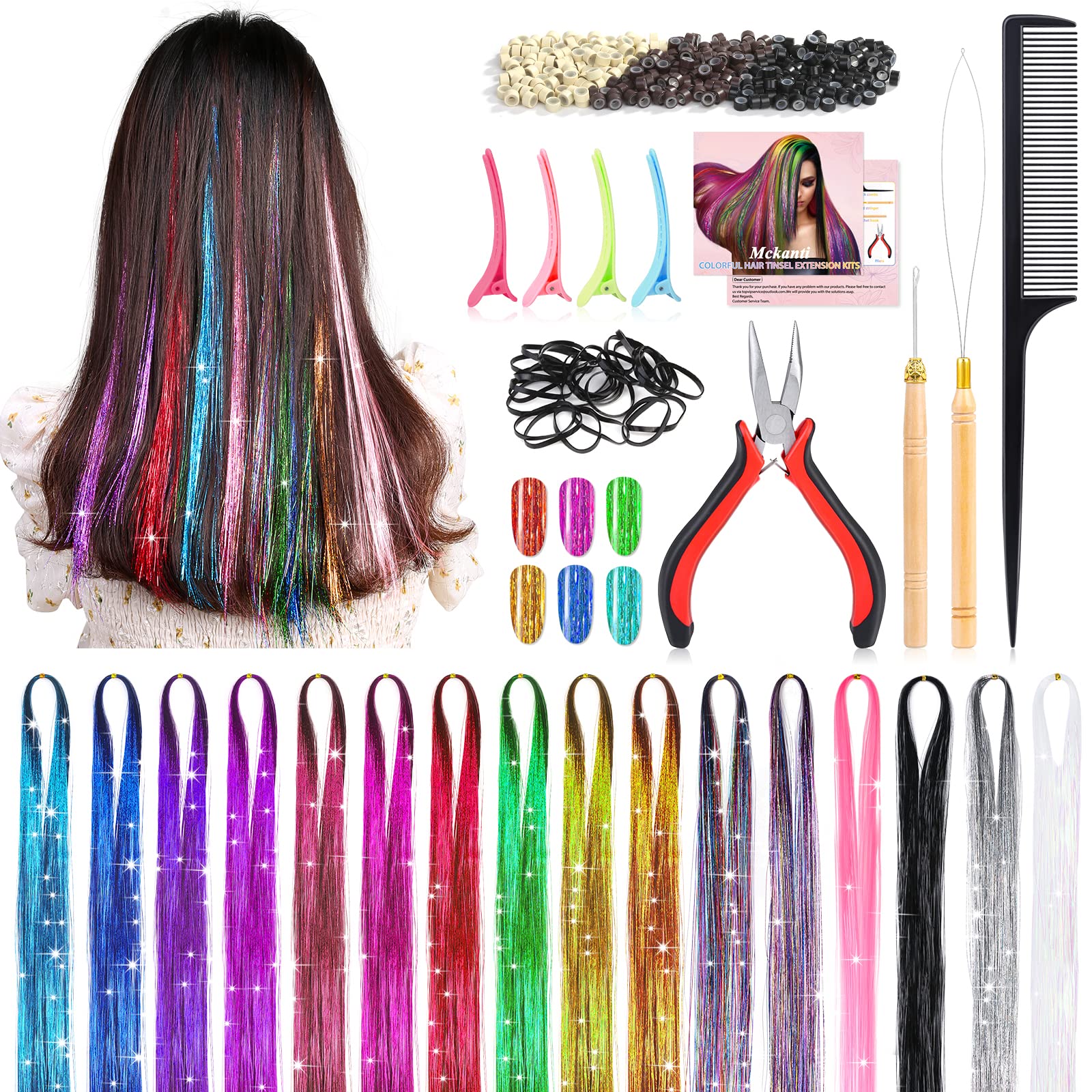 Photo 1 of Mckanti 16 Colors Hair Tinsel Kit with Tool, 47 inch 3200 Strands Tinsel Hair Extensions for Women Girls, Fairy Hair Tinsel Glitter Sparkling Shiny Colorful Synthetic Hair for Party Daily Life Fashion