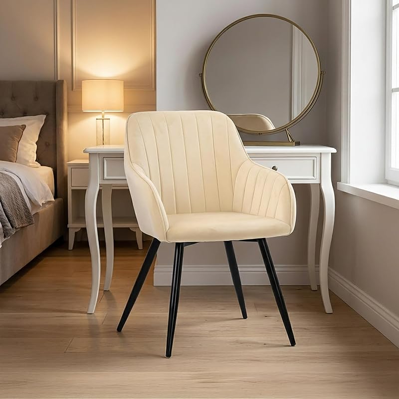 Silla de Comedor, Set 2, Terciopelo, Patas Metal, Brazos, Beige