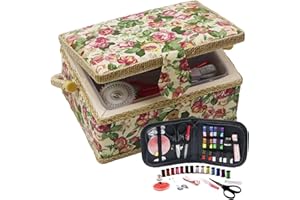Sewing Basket with Sewing Kit Accessories (Green Flower, Medium)