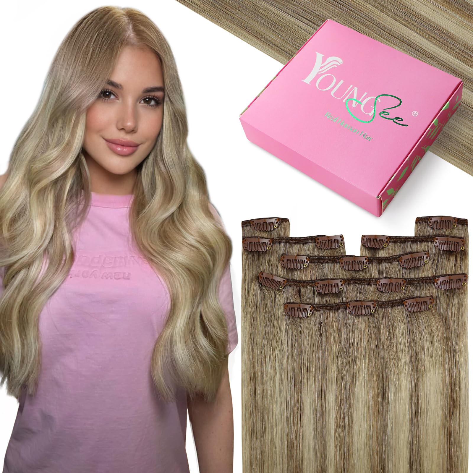 YoungSee Clip in Hair Extensions Real Human Hair 18inch 120g 7Pcs Seamless Brown Human Hair Clip in Extensions Light Brown to Blonde with Brown Balayage for Women Separate Pieces Re-Usable