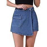 CIMUK Women's Jean Skort Wrap Skirts High Waisted Western Asymmetrical Denim Cargo Skirt Shorts
