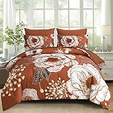 Luxudecor Floral Comforter Set Queen Size 7 Pieces Bed in a Bag,Flower Print on Terracotta Bedding Set,Soft Microfiber Bedding Set for All Season (Terracotta,90"x90")