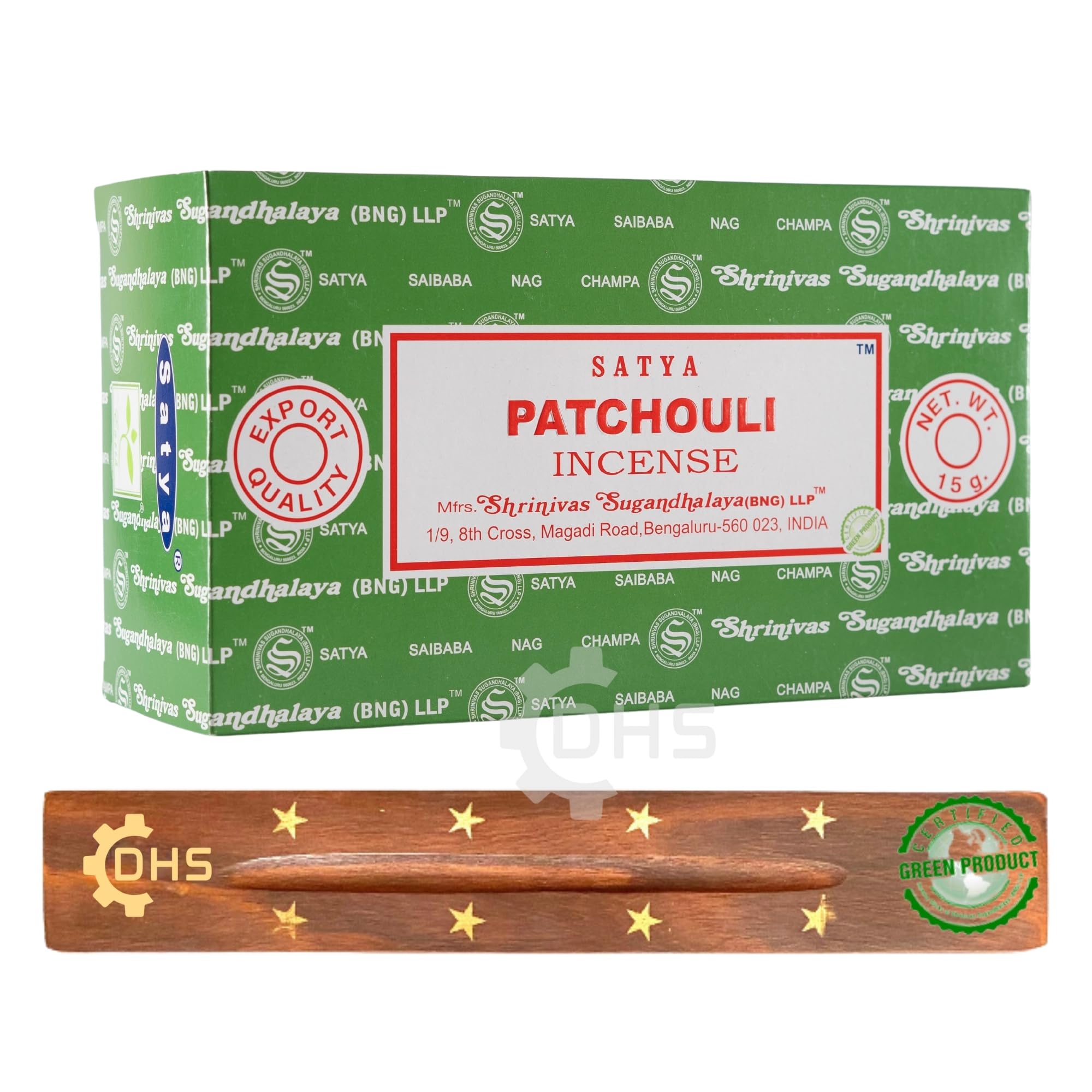 Satya Nag Champa Patchouli Incense Sticks | Full Box of 12 | With DHS Incense Stick Holder | Used for Aromatherapy, Yoga, Meditation, and Relaxation