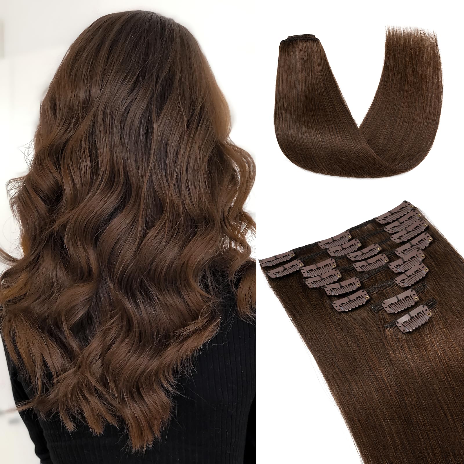 UK-Fashion-Shop Human Hair Extensions Clips in Real Hair Extension 8pcs 18 clips Long Straight Natural 18inch(70g)#4 Medium Brown — image 1