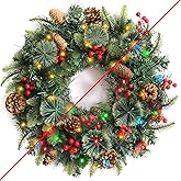 24 Inch Lighted Christmas Wreaths for Front Door, Christmas Wreath Outdoor with Pinecones Berried 50 Warm White & Multicolor Lights 8 Modes Timer Norfolk Pine Wreath Xmas Wreaths for Home Wall Window