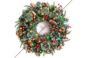 TURNMEON 24 Inch Lighted Christmas Wreaths for Front Door, Christmas Wreath Outdoor with Pinecones Berried 50 Warm White & Multicolor Lights 8 Modes Timer Norfolk Pine Wreath Xmas Wreaths for Home Wall Window
