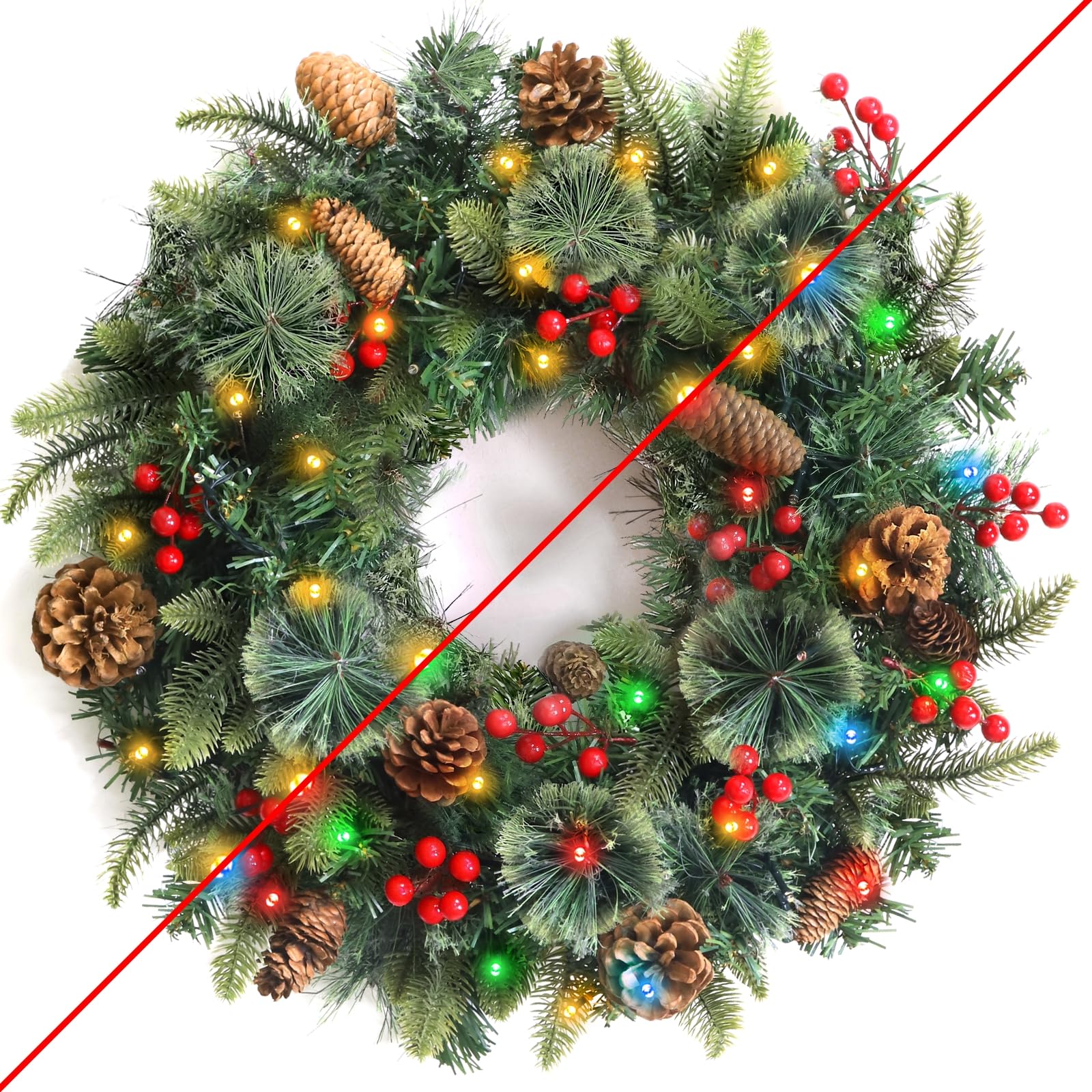 Photo 1 of 24 Inch Lighted Christmas Wreaths for Front Door, Christmas Wreath Outdoor with Pinecones Berried 50 Warm White & Multicolor Lights 8 Modes Timer Norfolk Pine Wreath Xmas Wreaths for Home Wall Window
