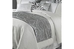 H HIEND ACCENTS HiEnd Accents Celeste Gray Silver Velvet Wave Embroidered Bed Runner, 24x96 inch Modern Decorative Bed Scarf