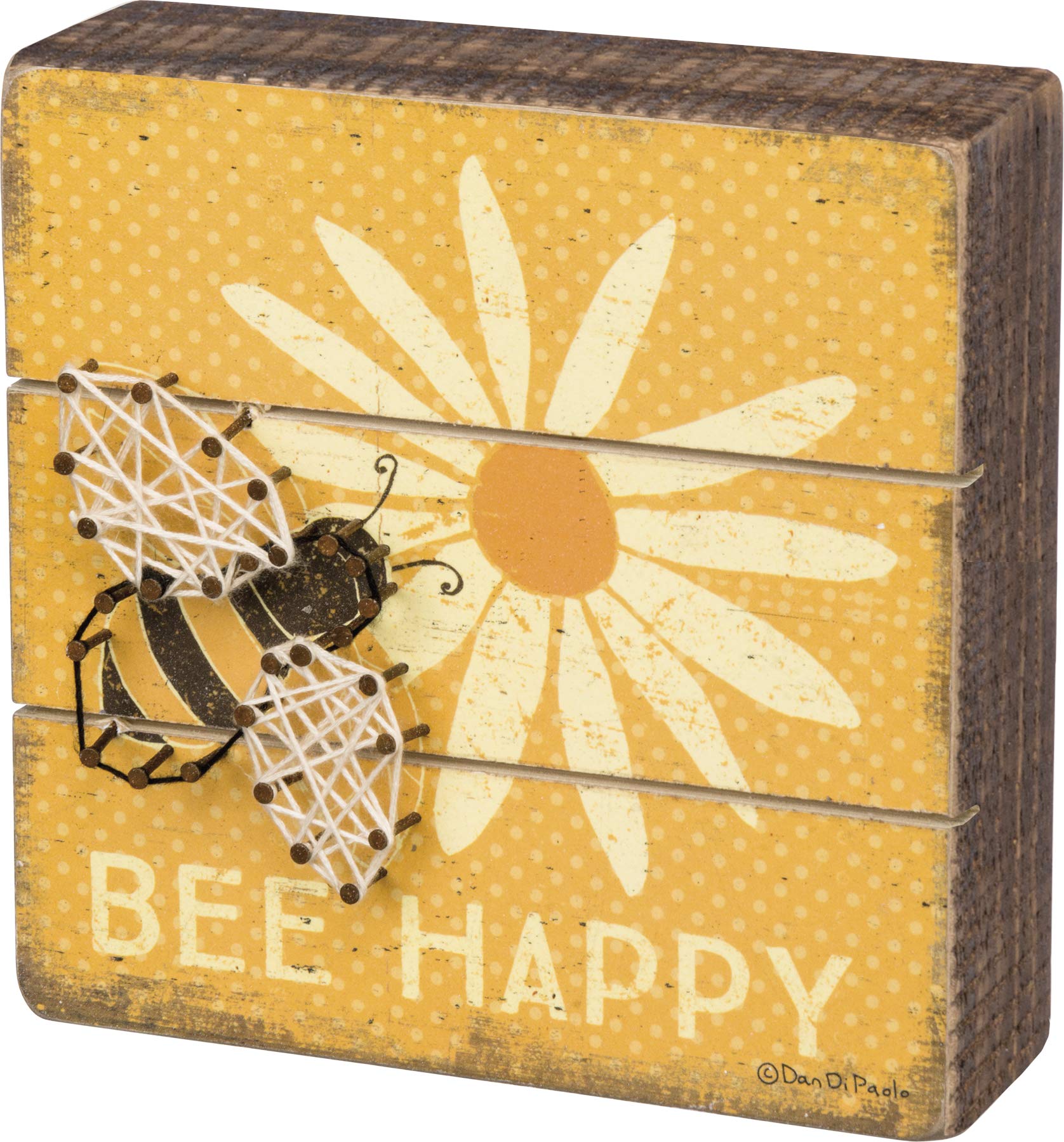 Photo 1 of "Primitives by Kathy Slat String Art Box Sign, 6"" x 6"", Bee Happy" (35313)