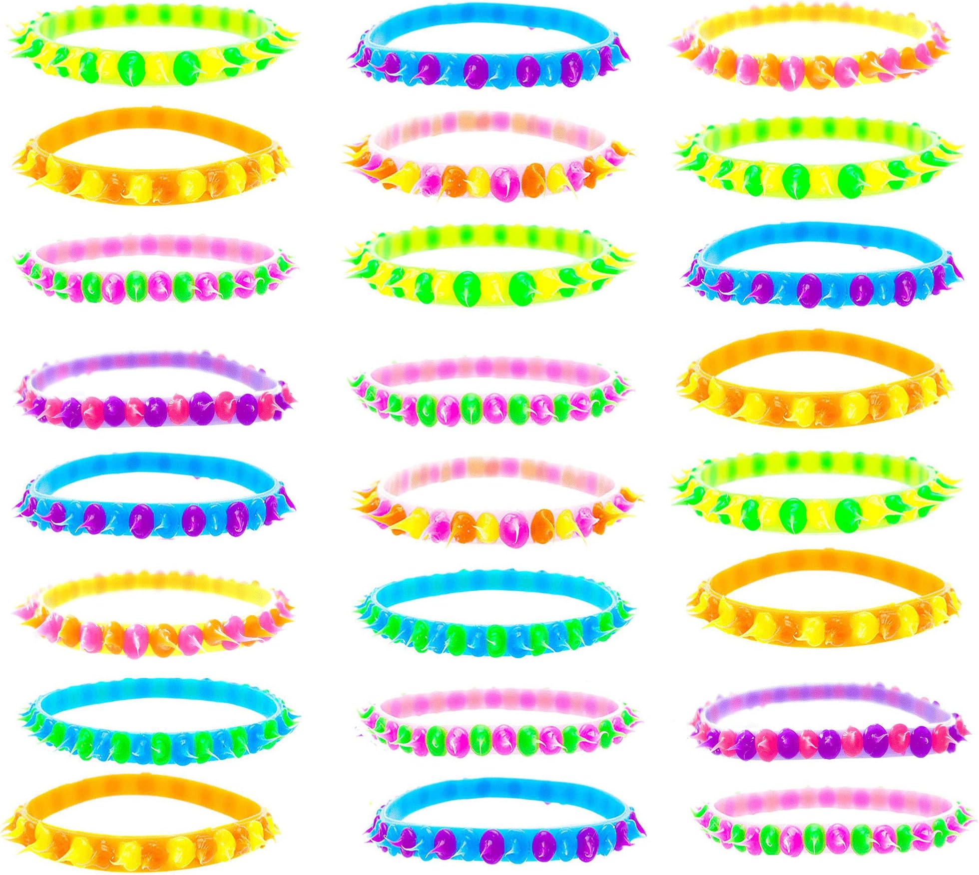24 PCs Friendship Silicone Bracelets for Girls, Kids, Women - Thin Wristbands with Multicolored Spikes - Stretch Bracelet Bangles Bulk Set - Birthday Party Favors for Teens, Tween
