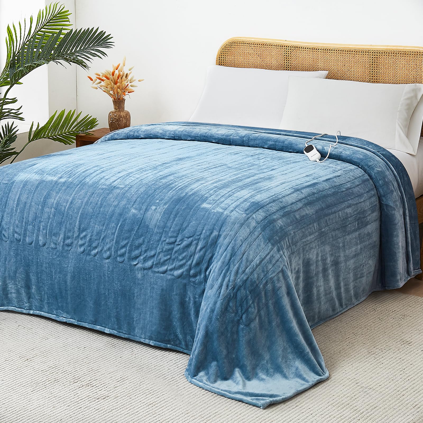 JKMAX Electric Heated Heating Blanket - Heated Bed Blanket Queen Size 84"x90" with 10 Heating Levels 8 Hours Auto Off Fast Heating Dark Blue
