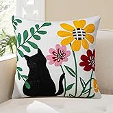 Adabana Neutral Decorative Floral Pillow Covers 18x18 Inch Boho Embroidered Throw Pillow Cover Square Farmhouse Couch Cushion Cases for Bed Sofa Bedrrom Living Room Decor,Black Cat