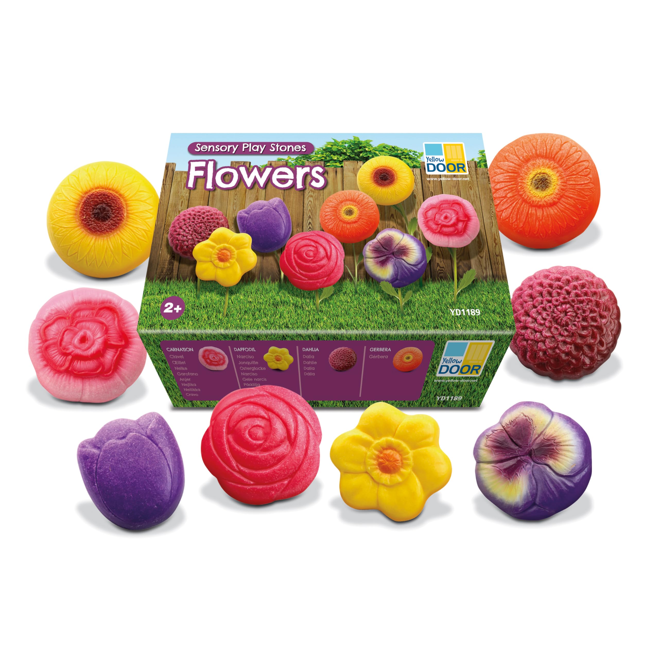 Yellow Door Sensory Play Stones Flowers | Set of Eight Realistic Toy Flowers | Pretend Play for kids age 2, 3, 4, 5 | Early Educational Learning | Mud Kitchen | Outdoor Learning | Florist Role Play