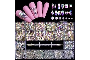 EVODIS Nail Rhinestones Kit, Nail Art Decorations Flat AB Rhinestones Kit DIY Crafts Gemstones for Nail, Shoes, Clothes, Jewels (600 Iridescent Diamonds + 2500 Flat Rhinestones)