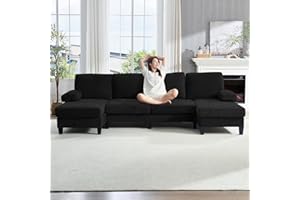 ijuicy 110" U Shaped Couch with Double Chaises, Sectional Couches for Living Room with Sleepable Armrest, 4 Seater Sofa Set/Sectional Sofa, Living Room Furniture (Chenille, Black)