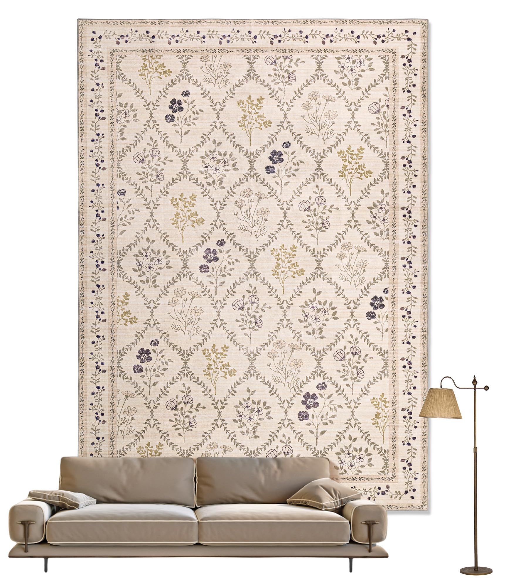 Photo 1 of YIHOUSE 5x7 Washable Rug for Bedroom, Beige Floral Rugs for Living Room Non Slip Ultra-Thin Large Boho Rug for Kids Playroom, Classroom, Girls Dorm, Nursery, Beige Multi