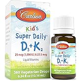 Carlson - Kid's Super Daily D3+K2, 25 mcg (1,000 IU) D3 & 22.5 mcg K2, Vitamin D Drops with Vitamin K2, Liquid Vitamins, 1000 IU Vitamin D3, Heart & Bone Health, 1-Year Supply, Unflavored, 360 Drops