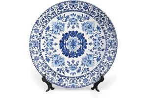 BHTLARNGY Blue Ceramic Decorative Plate, Chinese Style Decorative Dish with Stand, Blue and White Pottery Bone China Decorative Plates Art Porcelain Plate for Living Room Hallway Table Decor