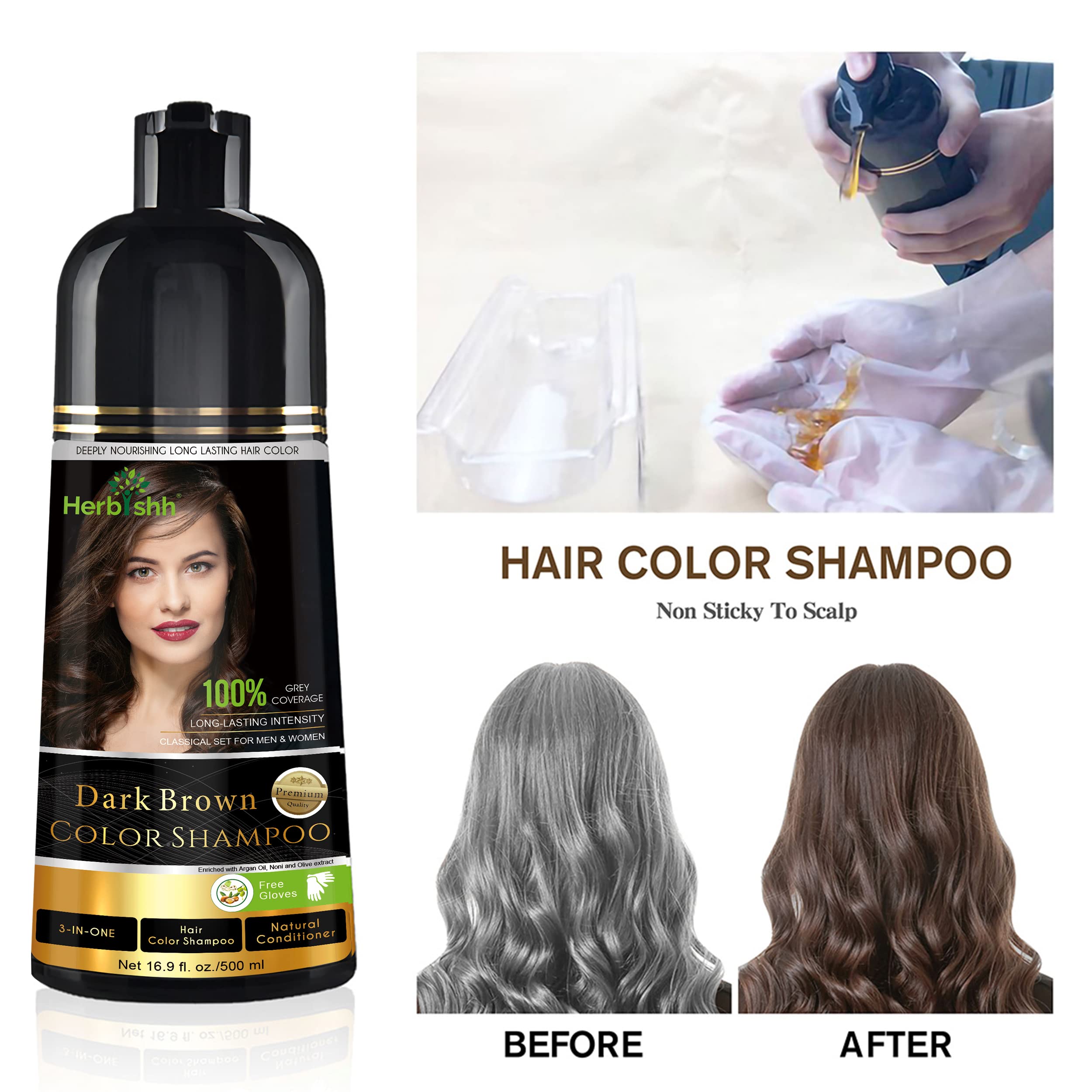Herbishh Hair Color Shampoo - Magic Dye for Gray Hair, Lasting Color in Minutes - 500 Ml, 3-In-1, Ammonia-Free (Dark Brown)