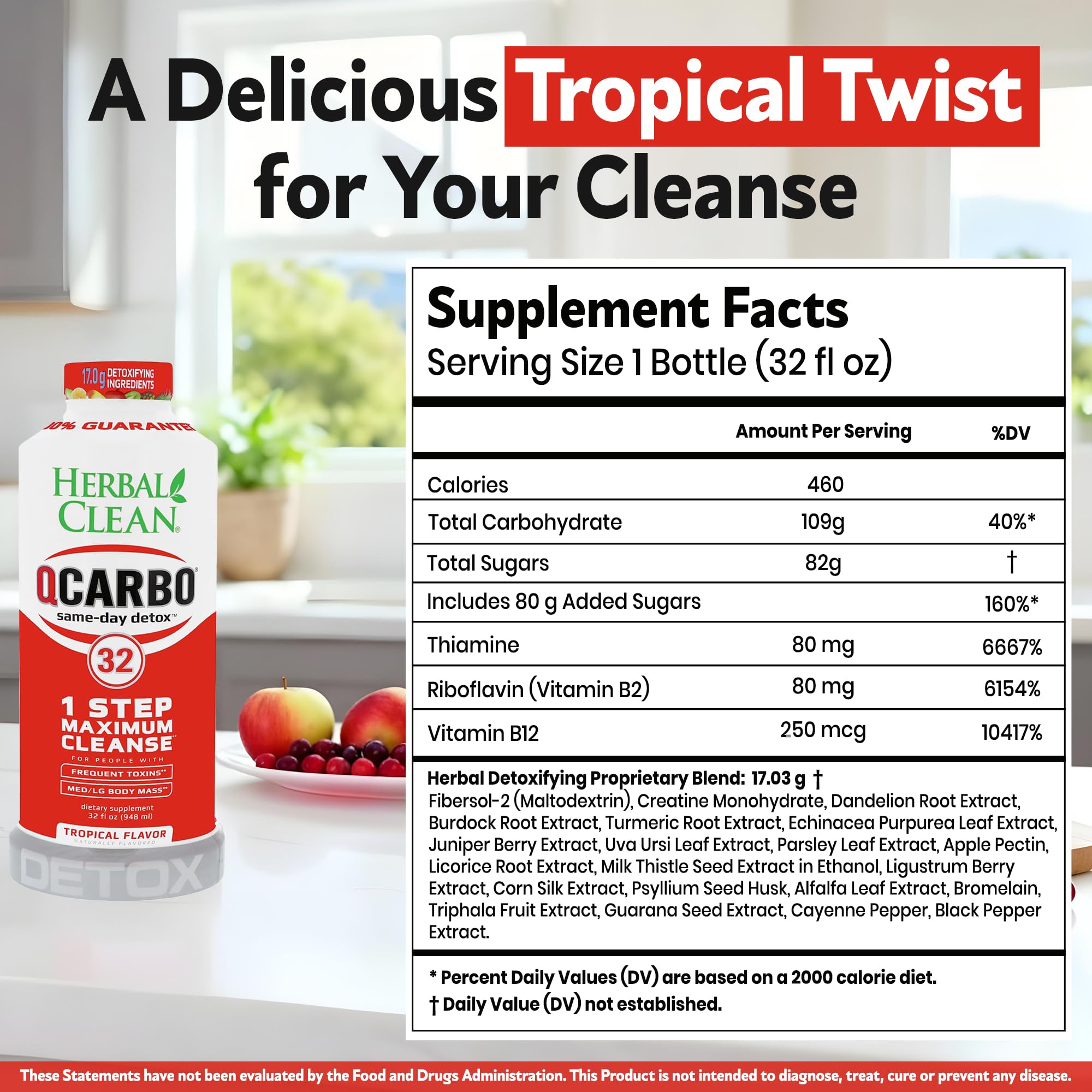 Herbal Clean Qcarbo32 Same-Day Detox Cleanse Drink (32 fl oz) - Tropical Flavor Full Body Cleanse* Detox Drink for Moderate Toxin Level*, Vitamin B2 and Vitamin B12 for Men & Women