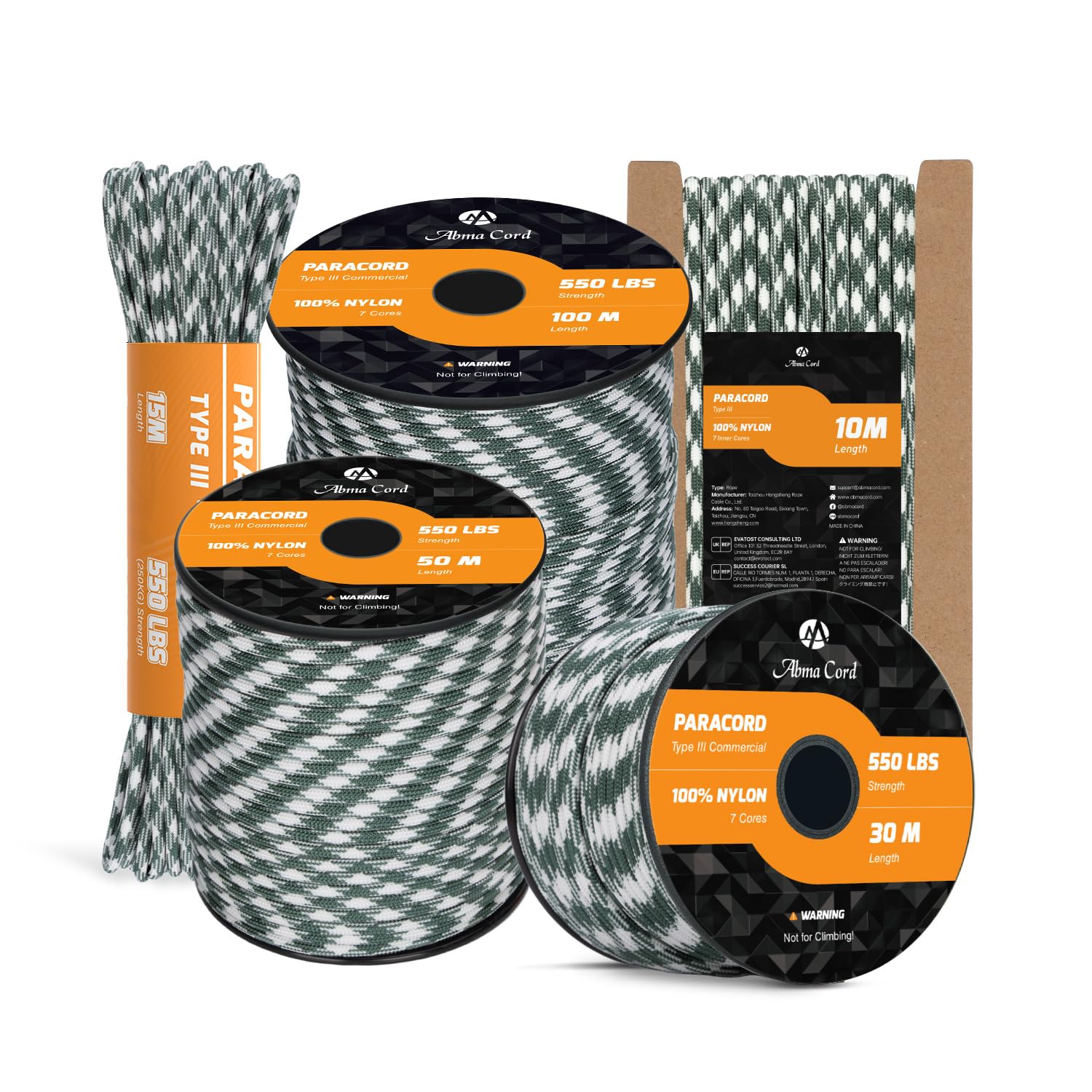 Abma Cord Paracord 550 4mm 50m 100% Nylon Rope Type III 7 Strands Parachute Cord for DIY, Camping, Survival, Outdoor - Max. 250kg - Shamrock Frost — image 1