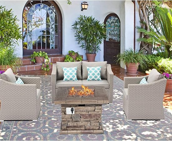 Amazon Com Sunbury Outdoor Furniture 4 Piece Pearl Gray Wicker Chairs Propane Fire Pit W 4 Thick Cushion W 35 Inch 50 000 Btu Stone Crest Fire Table Fits 20 Gal Tank Inside W Waterproof Cover Garden