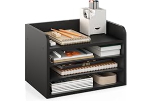 Ballucci File Organizer, 4-Tier Office Desk Organizer, Open Top Wood Paper Organizer for Classroom, Mail Sorter Paper Tray with Adjustable Storage Shelves, Black