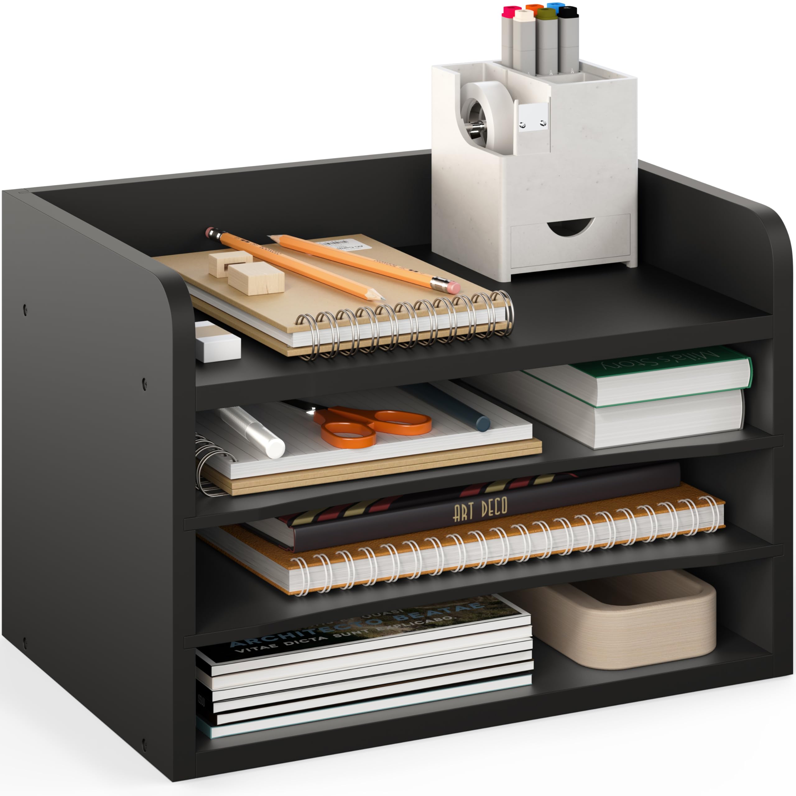 Photo 1 of Ballucci File Organizer, 4-Tier Office Desk Organizer, Open Top Wood Paper Organizer for Classroom, Mail Sorter Paper Tray with Adjustable Storage Shelves, Black